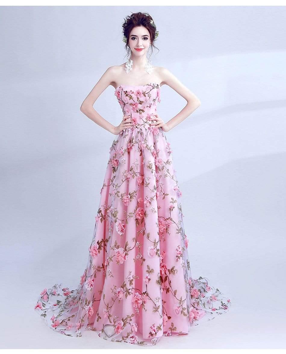 Long Appliqued Flowers Party Prom Dress