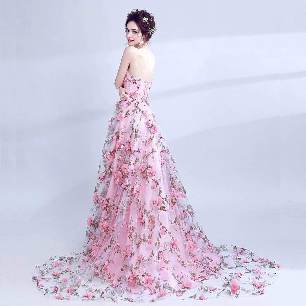 Long Appliqued Flowers Party Prom Dress Pink / 4 Long Appliqued Flowers Party Prom Dress Pink / 4