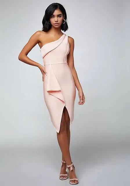 One Shoulder Pink Bandage Dress - HER SHOP®