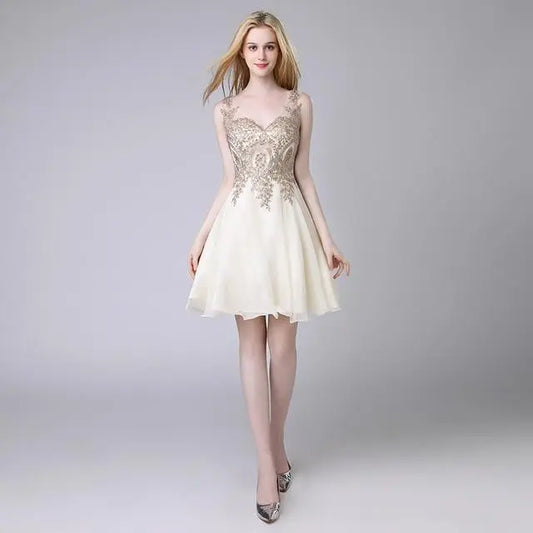Short Cocktail Dresses Chiffon Gold Appliques with Crystal Beaded - HER SHOP®