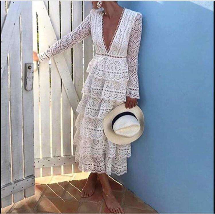 white lace long sleeve v neck dress Lace Mermaid V-neck Long Sleeves Bohemian Wedding Dress WD652 US6 / Ivory