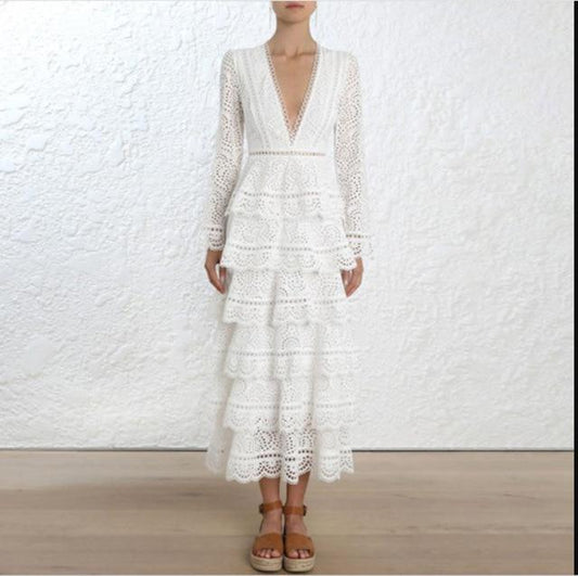 Women's Long sleeve V-neck White Lace Dress - HER SHOP