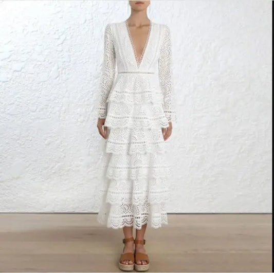 Women's Long sleeve V-neck White Lace Dress - HER SHOP®