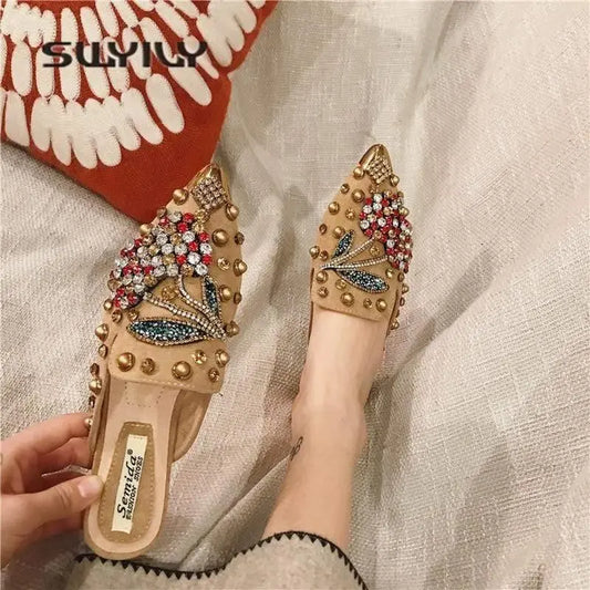 Women Pointed Toe Crystal Flower Luxury Half Slippers - HER SHOP®