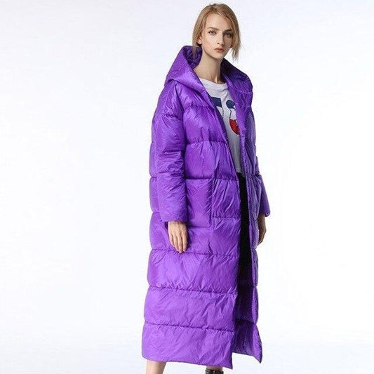 Long Knee Purple Down Jacket Fashion Hooded Parka - HER SHOP®