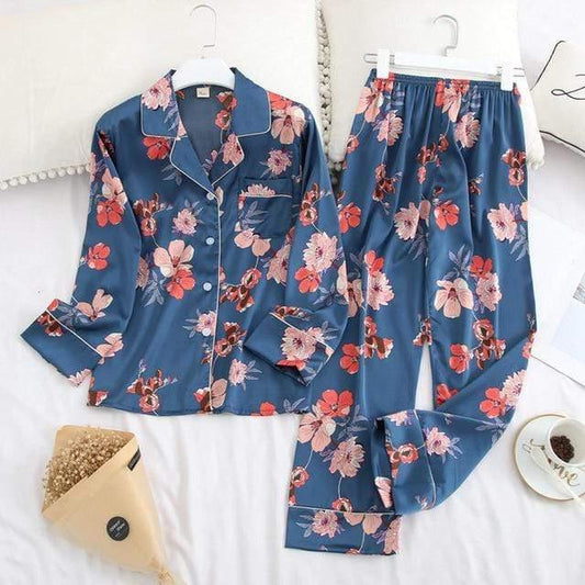 Long Sleeve Pajamas Autumn Ice Silk Long Sleeve Trousers Suit Printing Fashion Pajamas Set - HER SHOP