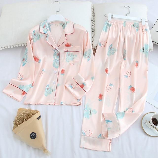 Long Sleeve Pajamas Autumn Ice Silk Long Sleeve Trousers Suit Printing Fashion Pajamas Set