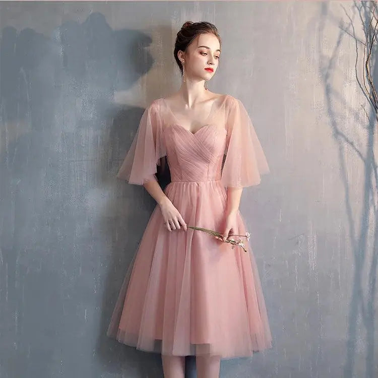 Sweet Pink Lace Short Sleeves A-line Homecoming Dresses
