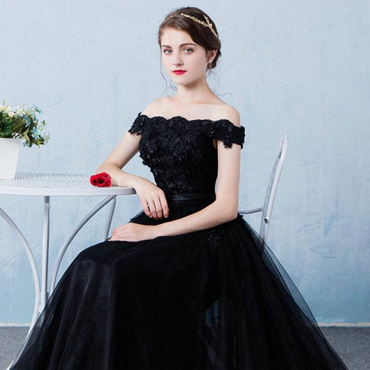 Appliques Beading Boat Neck Elegant Prom Dress - HER SHOP