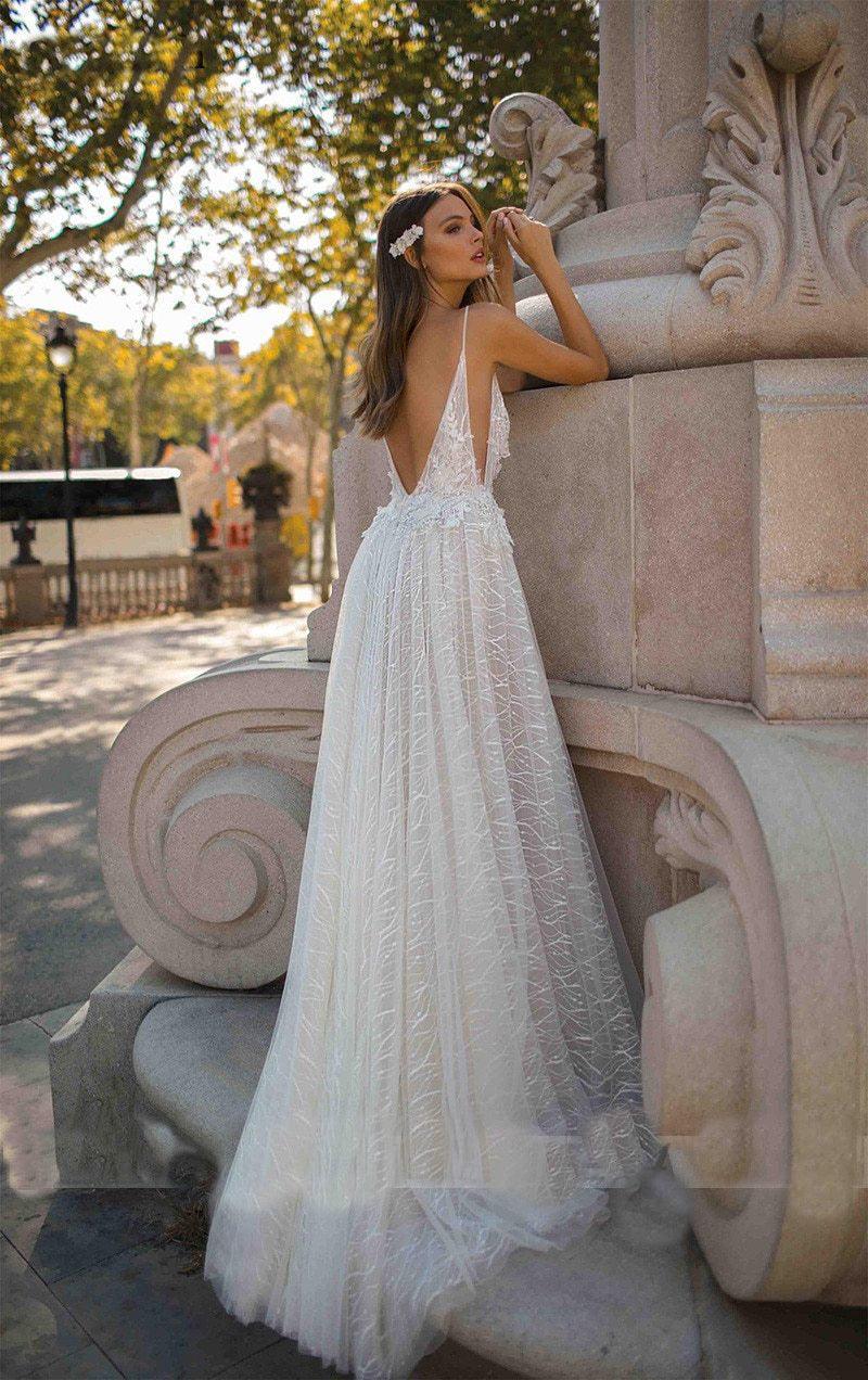 Custom Made Sparkling A-Line Lace Wedding Dress Sexy Spaghetti Straps, Side Split & Beach Glamour White / 10 Custom Made Sparkling A-Line Lace Wedding Dress Sexy Spaghetti Straps, Side Split & Beach Glamour White / 10