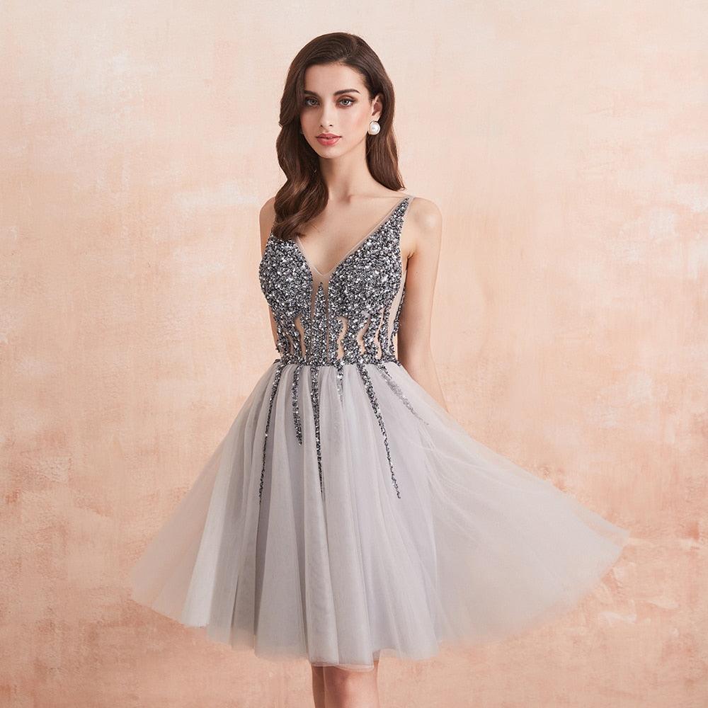 Gray Short Cocktail Dress with Sparkling Crystal Beads Same as picture / 4 Gray Short Cocktail Dress with Sparkling Crystal Beads Same as picture / 4