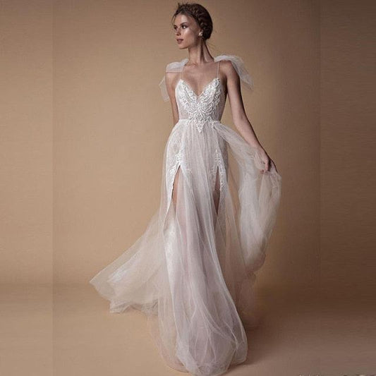 Long Appliques Tulle Slit Evening/Wedding Dresses - HER SHOP®