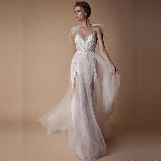 Long Appliques Tulle Slit Evening/Wedding Dresses - HER SHOP®
