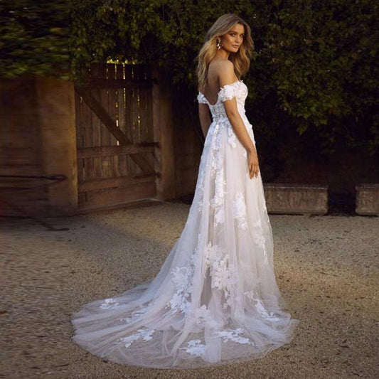Off-the-Shoulder A-Line Lace Wedding Dress – Romantic Appliqué Detailing - HER SHOP®
