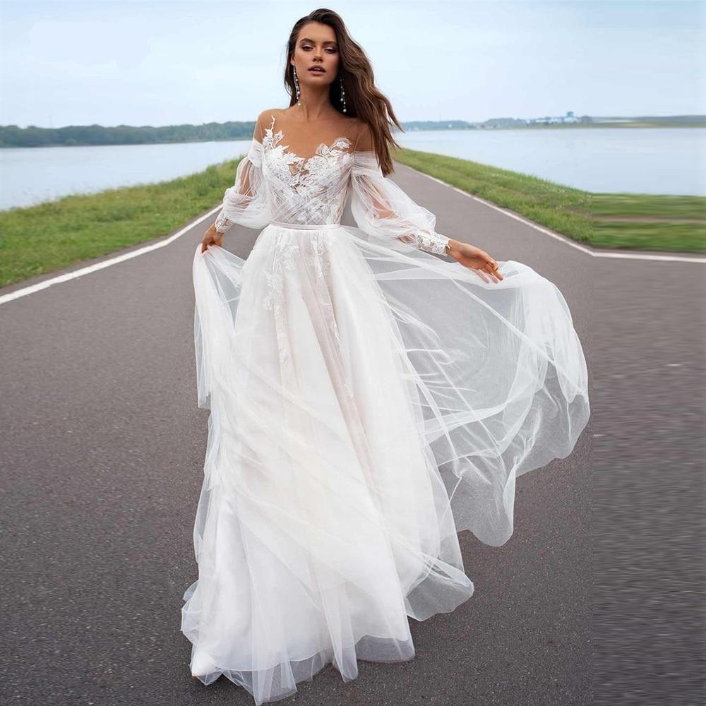 Custom Made Long Sleeve A-Line Wedding Dress Sweep Train & Elegant B HER SHOP Custom Made Long Sleeve A-Line Wedding Dress Sweep Train & Elegant B HER SHOP