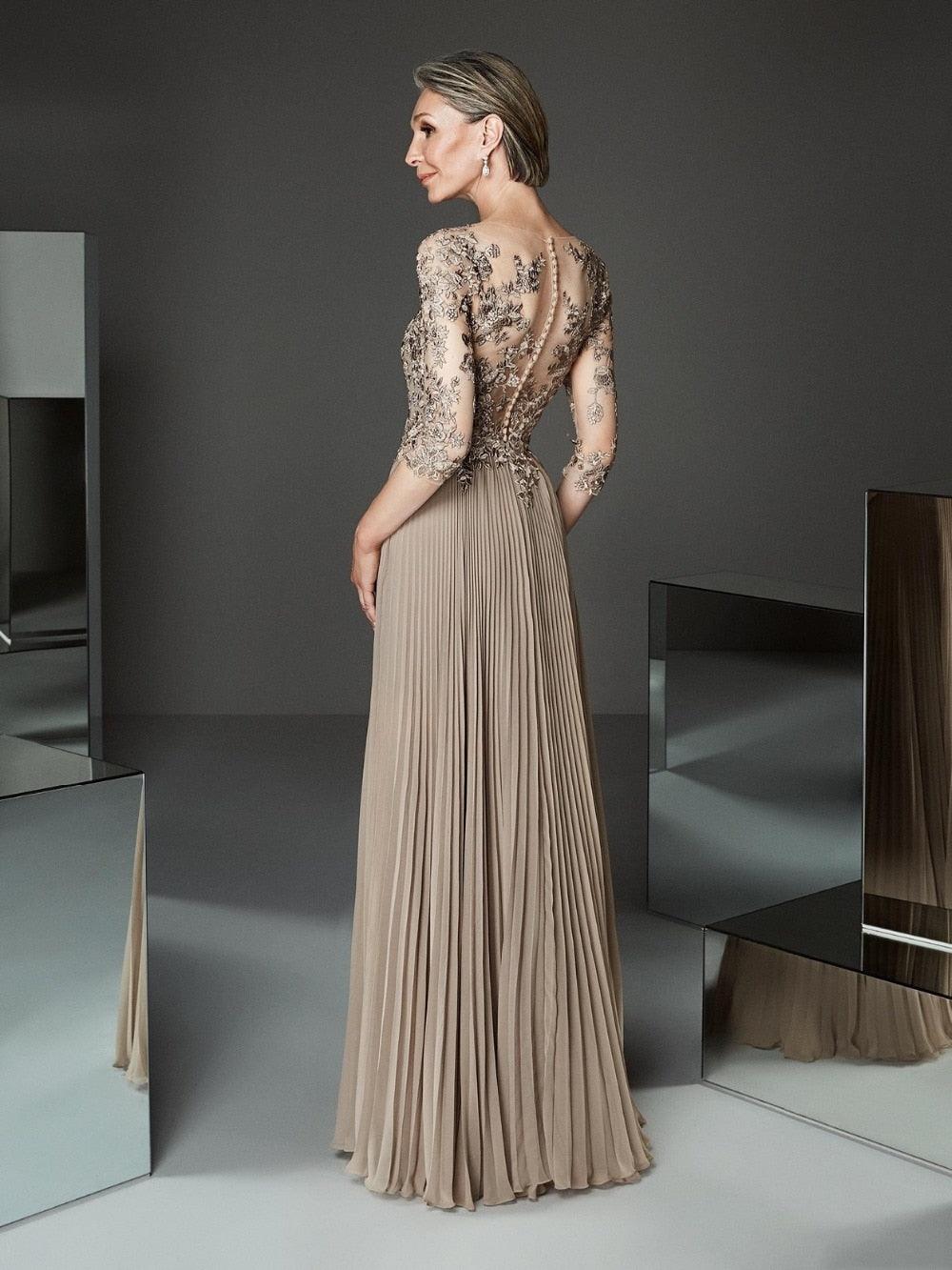 Half Sleeve Pleated A-Line Mother of Bride Dress