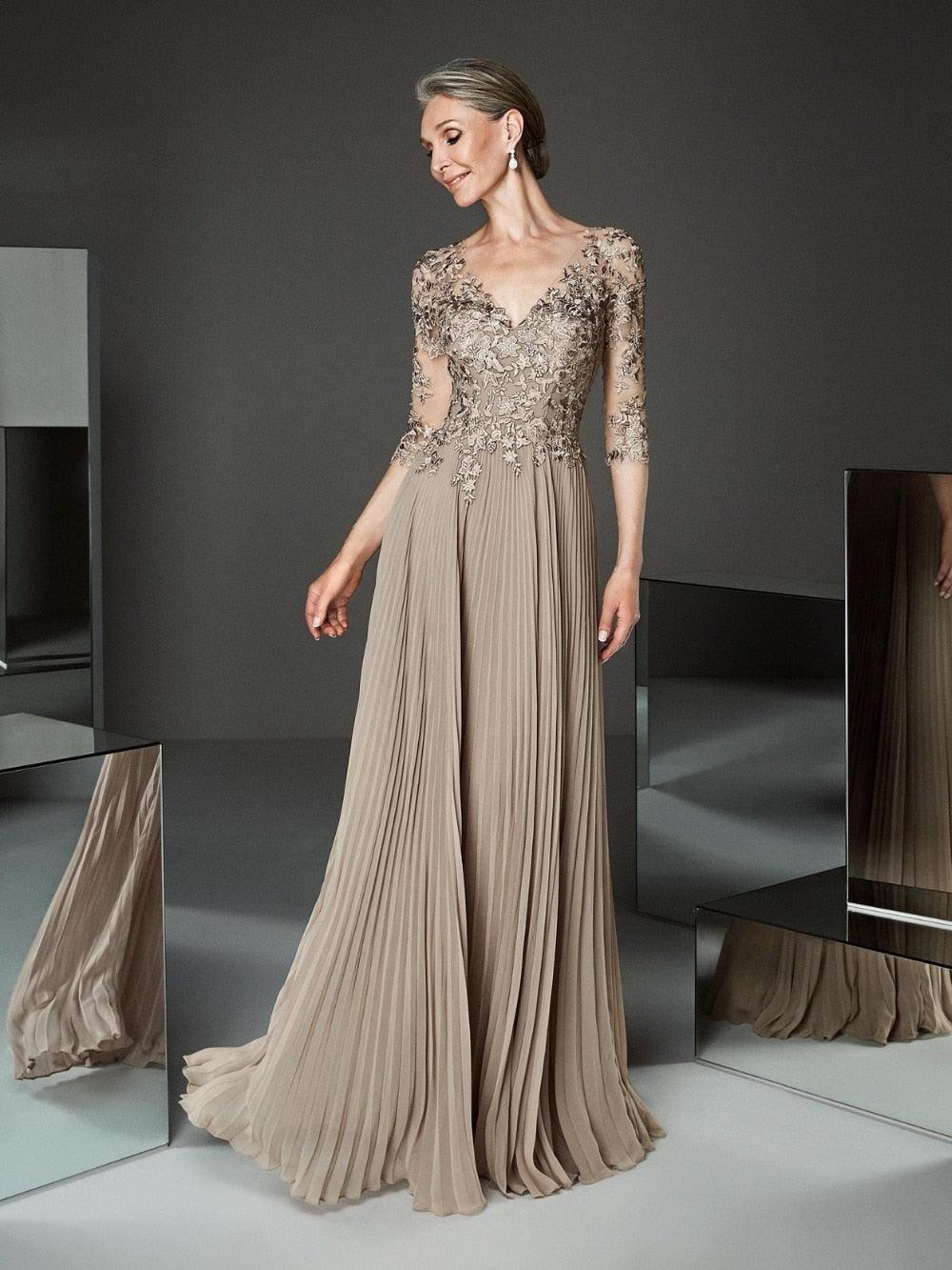 Half Sleeve Pleated A-Line Mother of Bride Dress