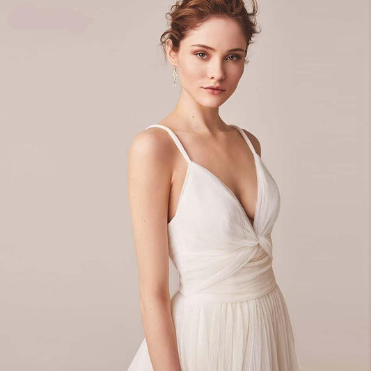 Spaghetti Straps Tulle V-neck Backless Bridal Dresses - HER SHOP