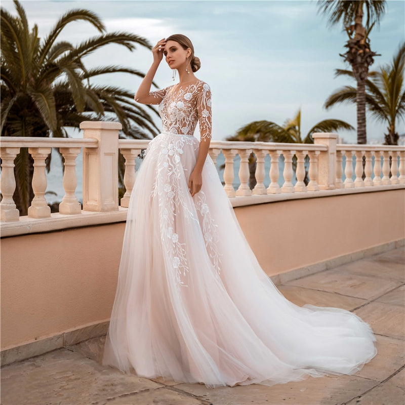 Her Shop Floral Lace Applique Beaded Belt Sweep Train Blush Pink Bridal Dresses White / 16