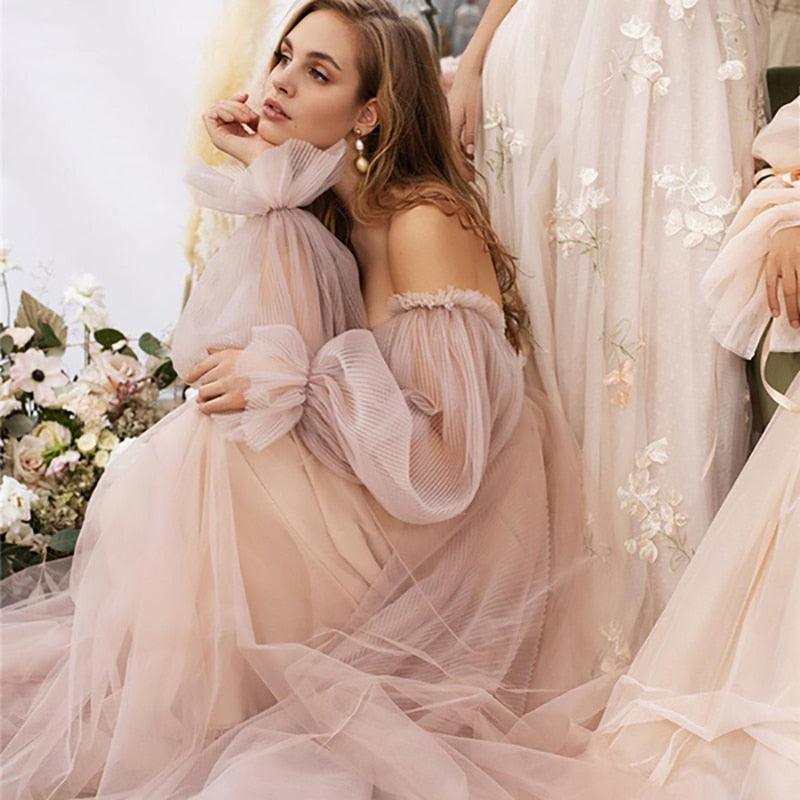 Pink Elegant Boho Off Shoulder Beach Wedding Dresses with Puff Sleeves Beading