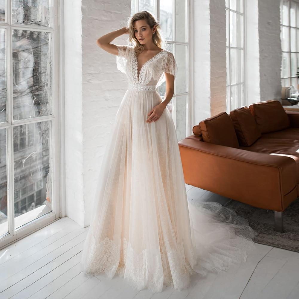 Custom Made Cap Sleeve Lace Appliqué Champagne Dot Tulle Boho Wedding White / 8
