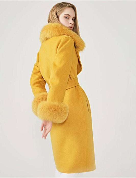 Women's Wool Coat with Spring Real Fox Fur Collar - HER SHOP