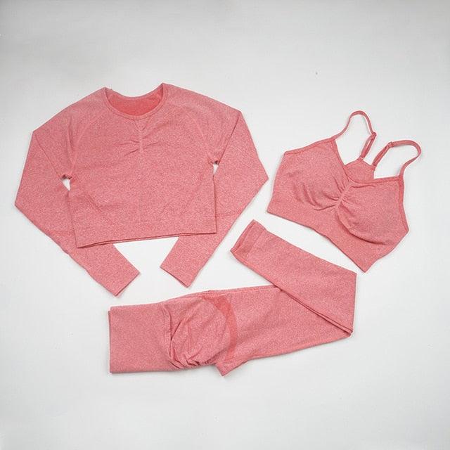 Seamless  Women Long Sleeve Crop Top High Waist Leggings+ Bra Yoga Sets