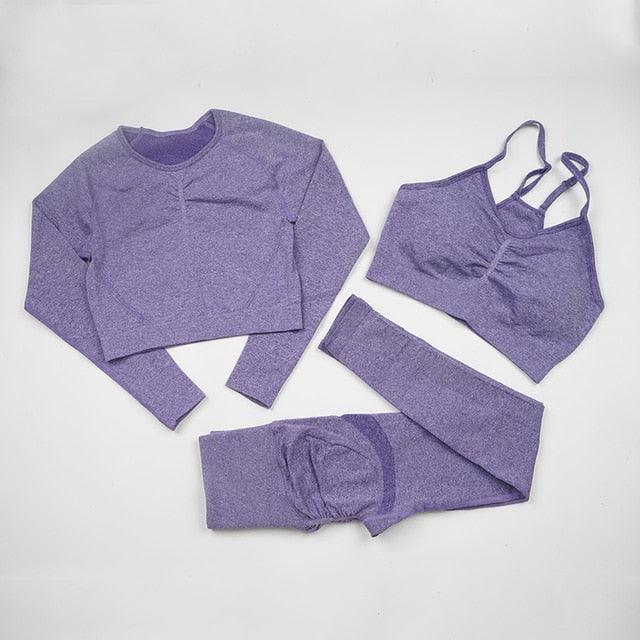Seamless  Women Long Sleeve Crop Top High Waist Leggings+ Bra Yoga Sets