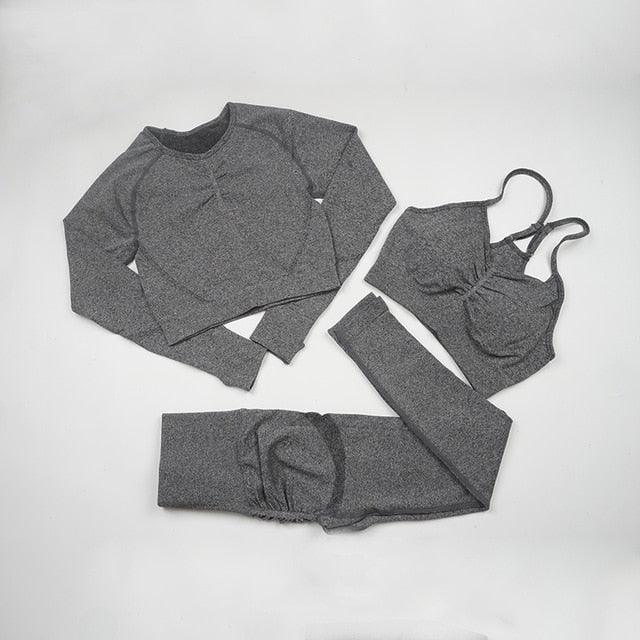 Seamless  Women Long Sleeve Crop Top High Waist Leggings+ Bra Yoga Sets