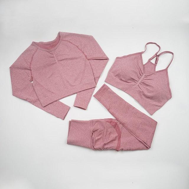 Seamless  Women Long Sleeve Crop Top High Waist Leggings+ Bra Yoga Sets