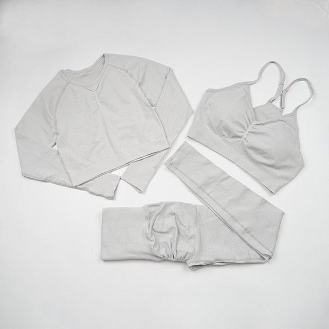 Seamless  Women Long Sleeve Crop Top High Waist Leggings+ Bra Yoga Sets
