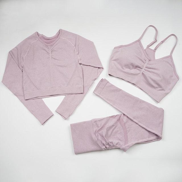 Seamless  Women Long Sleeve Crop Top High Waist Leggings+ Bra Yoga Sets
