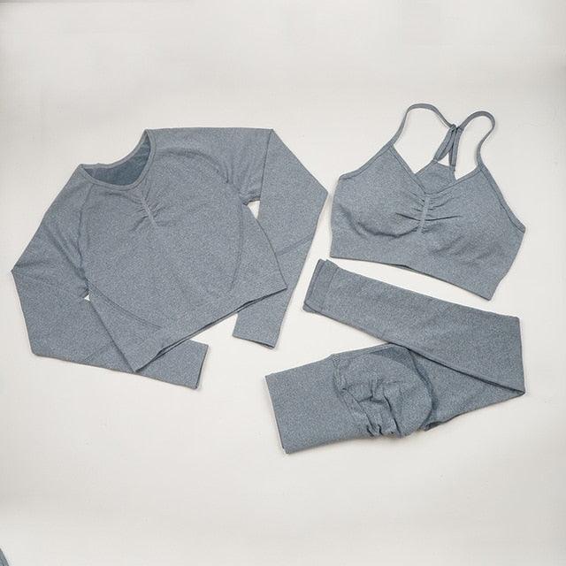 Seamless  Women Long Sleeve Crop Top High Waist Leggings+ Bra Yoga Sets