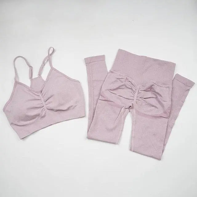 Seamless Women Long Sleeve Crop Top High Waist Leggings+ Bra Yoga Sets