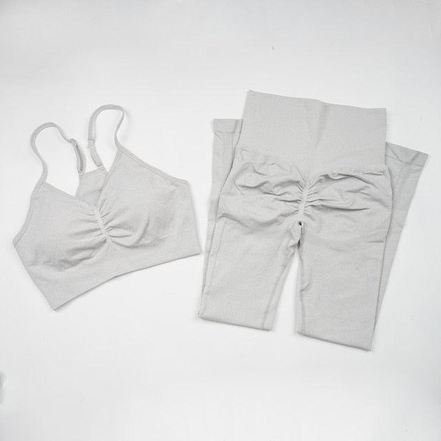 Seamless  Women Long Sleeve Crop Top High Waist Leggings+ Bra Yoga Sets
