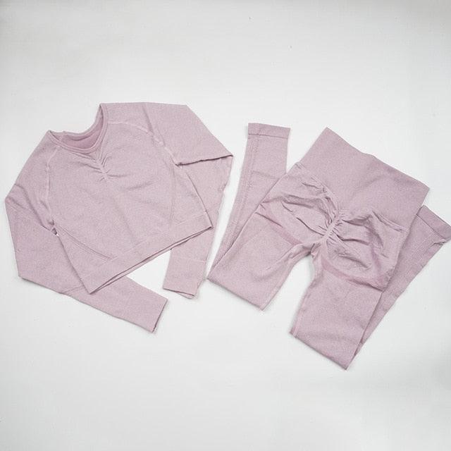 Seamless  Women Long Sleeve Crop Top High Waist Leggings+ Bra Yoga Sets