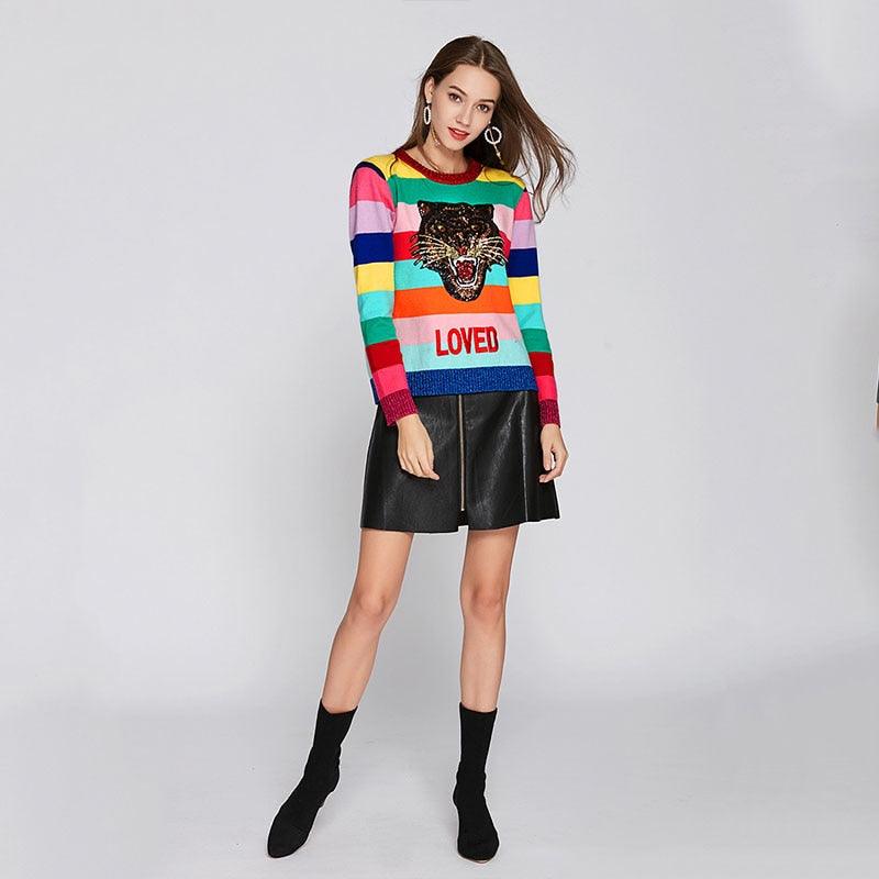 Runway Design Tiger Sequins Embroidered Women Sweater