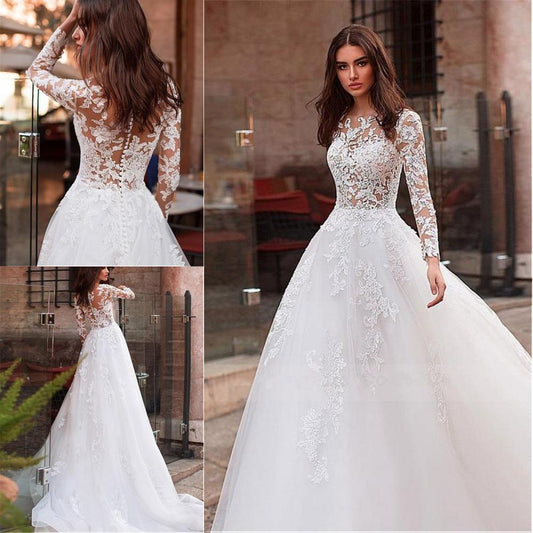 Lace Appliques Tulle A-line Long Wedding Dress Long Sleeve Bridal Dresses - HER SHOP®