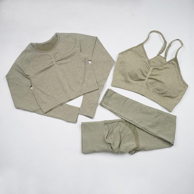 Seamless  Women Long Sleeve Crop Top High Waist Leggings+ Bra Yoga Sets