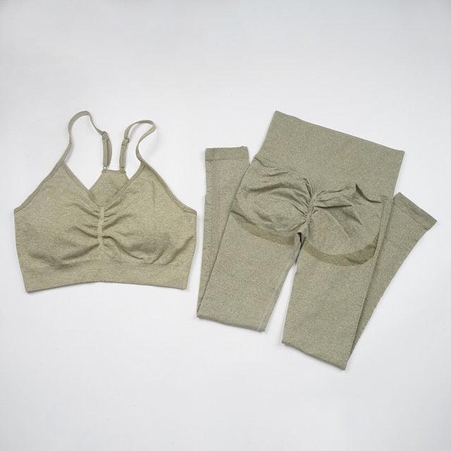 Seamless  Women Long Sleeve Crop Top High Waist Leggings+ Bra Yoga Sets
