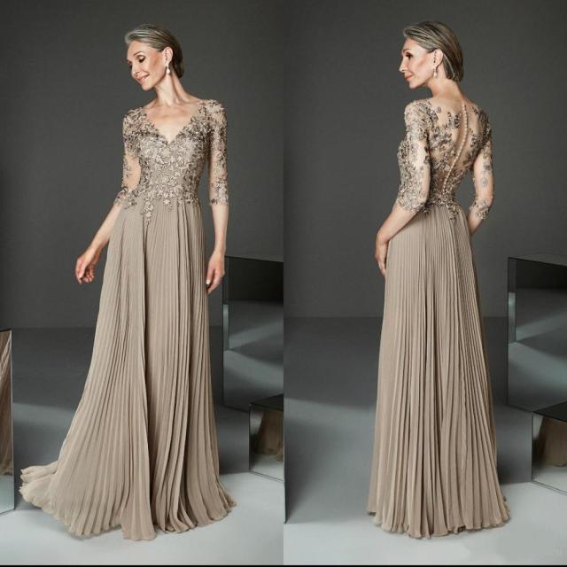 Half Sleeve Pleated A-Line Mother of Bride Dress