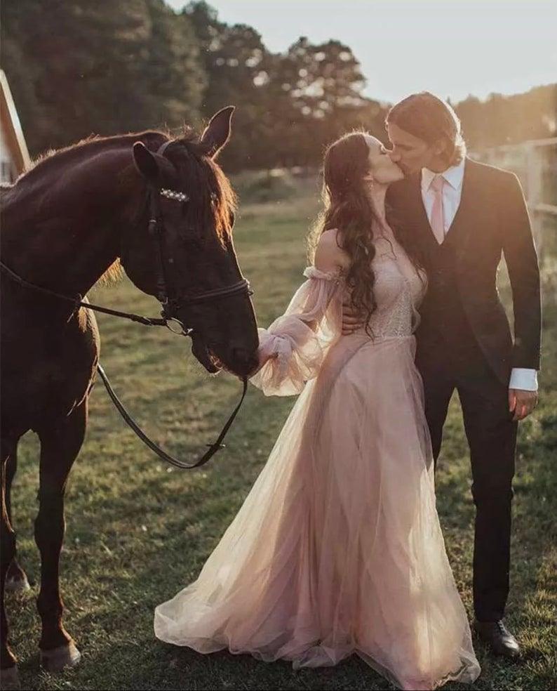 Pink Elegant Boho Off Shoulder Beach Wedding Dresses with Puff Sleeves Beading