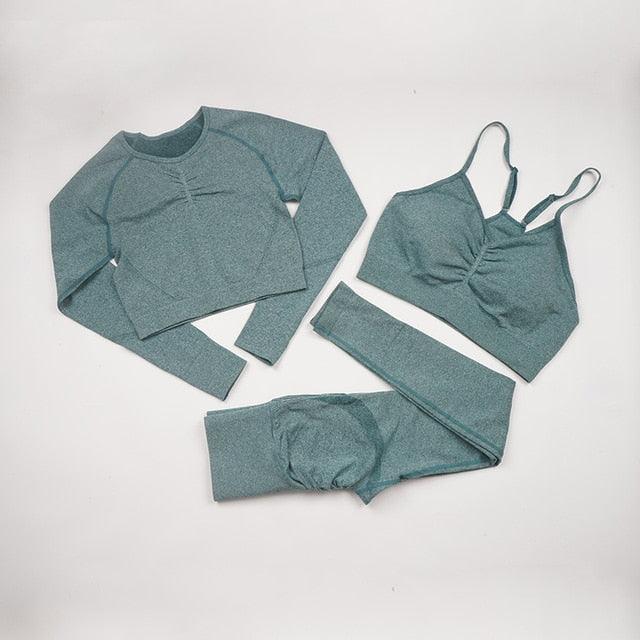 Seamless  Women Long Sleeve Crop Top High Waist Leggings+ Bra Yoga Sets