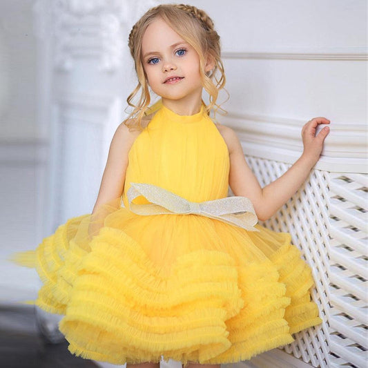 Yellow Baby Girl Puffy Dresses with Bow - HER SHOP®