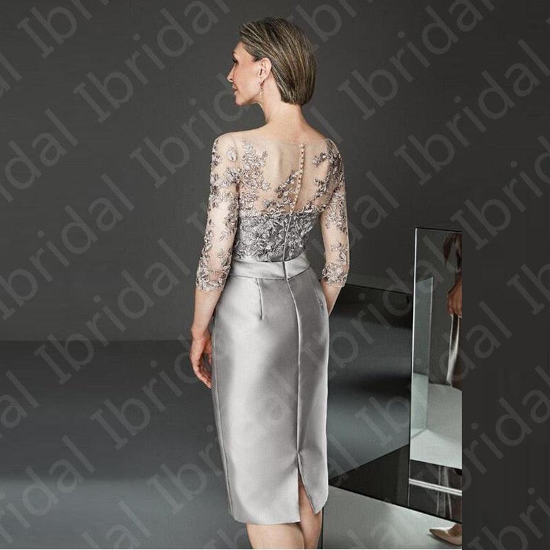 Silver Knee-Length Lace Mother of Bride Dress