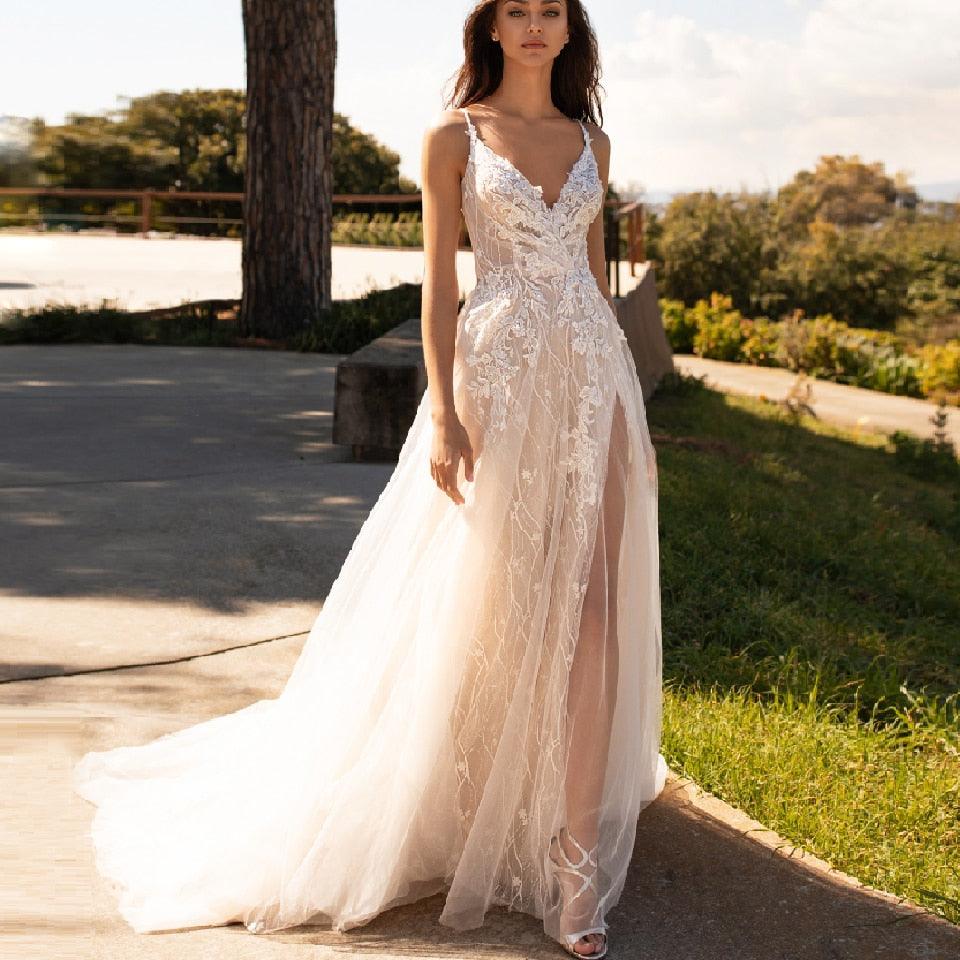 Custom Made Luxury Beaded Lace Wedding Dress Spaghetti Straps & Sexy Bohemian Mermaid Style Ivory / 8 Custom Made Luxury Beaded Lace Wedding Dress Spaghetti Straps & Sexy Bohemian Mermaid Style Ivory / 8