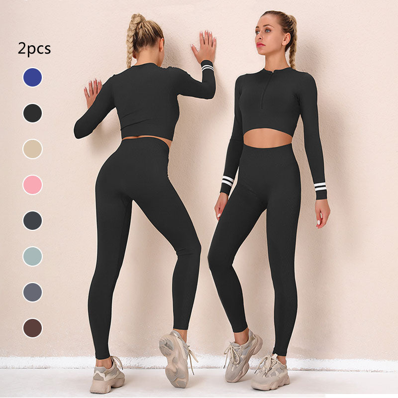 2/PCS Seamless Women Yoga Set Long Sleeve Crop Top + High Waist