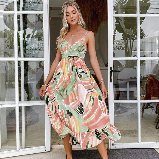 Women Elegant Casual Green Sling Print Summer Dress - HER SHOP