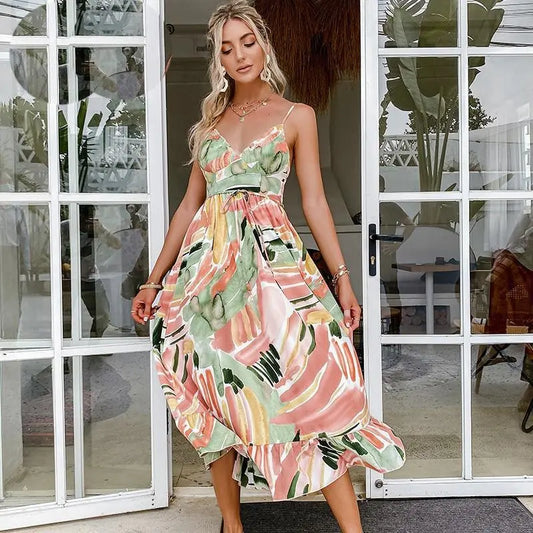 Women Elegant Casual Green Sling Print Summer Dress Her Shop - HER SHOP®