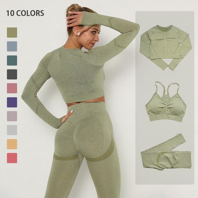 Seamless  Women Long Sleeve Crop Top High Waist Leggings+ Bra Yoga Sets